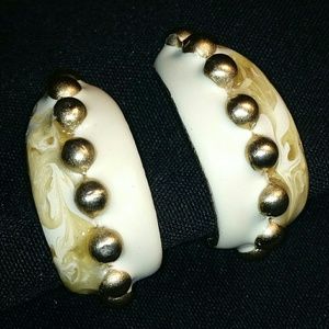 Vintage Clip-On Earrings Large White Yellow Hoops